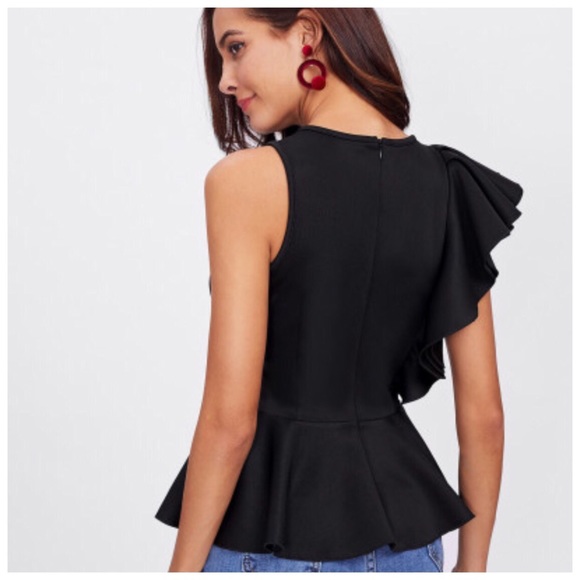 Black Layered Side Ruffle Stretch Peplum Top - Picture 6 of 10